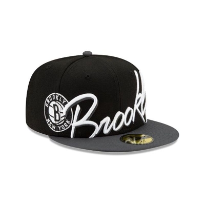 Black Brooklyn Nets Hat - New Era NBA Cursive 59FIFTY Fitted Caps USA8431072